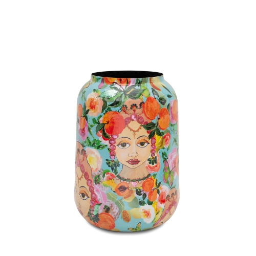Lady with fruits themed cobalt pot vase small size